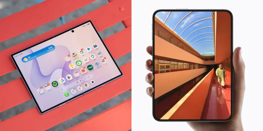 Iphone Duo And Samsung Galaxy Z Fold 8 Side By Side On A Desk Surface